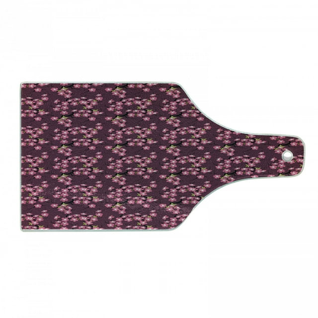 Cherry Blossom Cutting Board, April in Asia Seasonal Trees in Full Blossom Far Eastern Garden Botany, Tempered Glass Cutting and Serving Board, Wine Bottle Shape, Plum Pink Green, by Ambesonne
