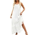 thumbnail image 1 of QIPOPIQ Robes pour Femmes Robe Évasée à Étages Manches Courtes Tendance Ourlet Haut-Bas à Volants Robe d'Été Robe Maxi Bretelles Spaghetti Unie Fluide Plage Longue Robe Offres 2023, 1 of 9
