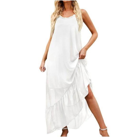 IROINNID Casual Dresses For Womens Summer High Low Ruffle Maxi Dress Spaghetti Strap Solid Flory Beach Long Dress Cheap