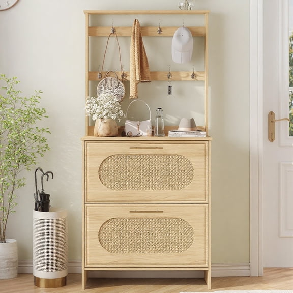 VEANERWOOD 64" H Tall Shoe Cabinet with 2 Doors, Rattan Shoe Storage Cabinet with Metal Hanging Hooks for Foyer, Entryway, Hallway