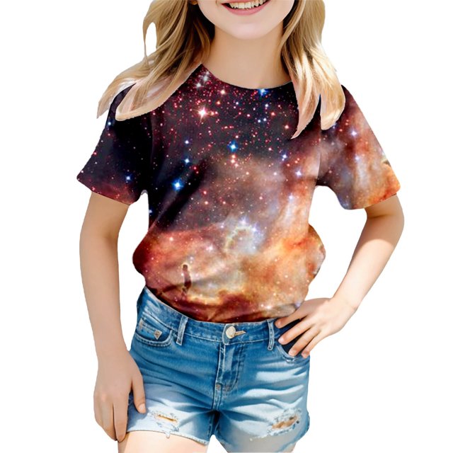TZEWGL T-Shirts For Infnat Galaxy Print Glitter Starry Sky Summer Round Neck Short Sleeve Clothes For Baby size 8-9T