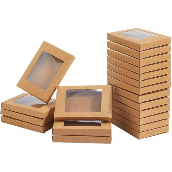 20Pcs Kraft Paper Gift Boxes with PVC Window Lid 4.9x3.3x0.6 Inch Rectangle Camel Brown Jewelry Packaging Boxes for Necklace Earring Pendant Selling Storage Display Brown