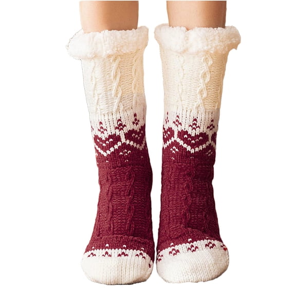 Fengactive Womens Colorblock Floor Socks Cable Knit Sherpa Lined Home Socks Thick Non Slip Mid Calf