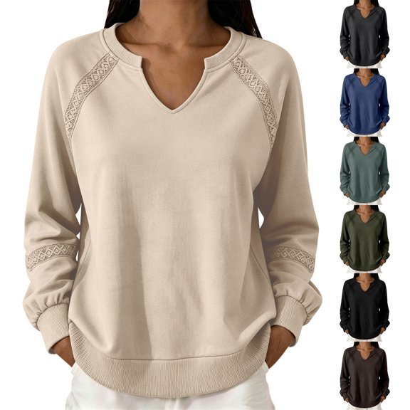 Lumistal Womens Sweatshirt Long Sleeve V Neck Lace Loose Fit Fall Pullover Tops Sweatshirts for Women Trendy Lightweight Tunic Top Spring Fall Outfits Brown M