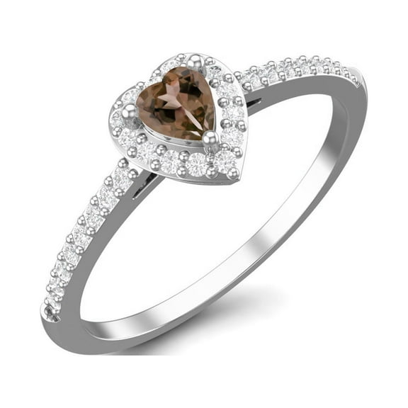 0.45 Ctw Heart Smoky Quartz 925 Sterling Silver Solitaire Halo Valentines Day Gifts Ring