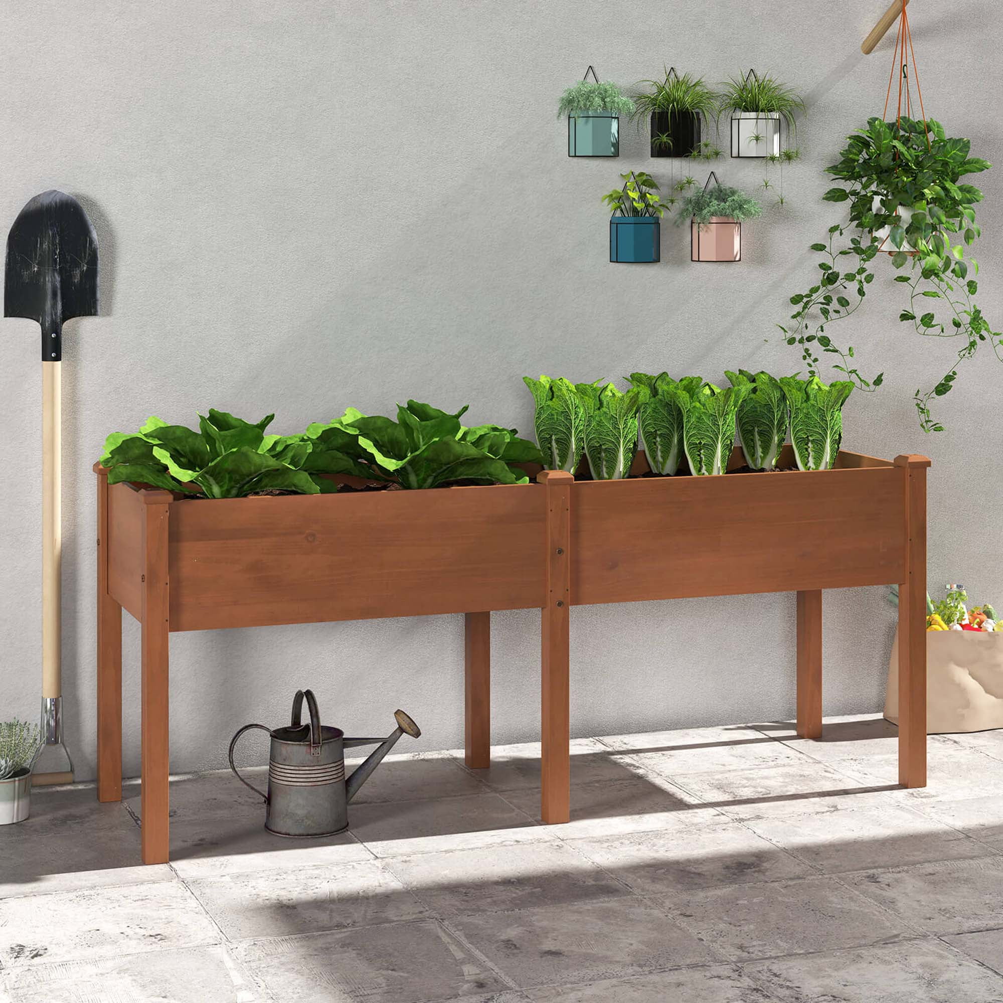 Costway Raised Garden Bed Elevated Fir Wood Planter Box with 2 Large Planting Areas Brown