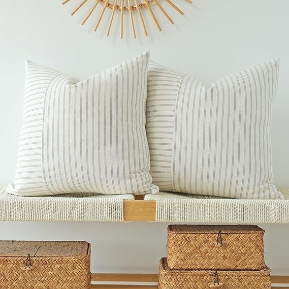 Farmhouse Pillow Covers 18x18,Square Throw Pillow Covers, Striped Patchwork Linen Decorative Pillows Cushion Covers for Couch Chair Bedroom Fall Decorations