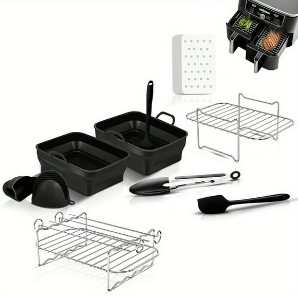 11pcs Ninja Air Fryer Accessories Set For Dual-Basket Air Fryers, Air Fryer Racks, Silicone Air Fryer Liners, Oil Brush, Kitchen Tongs, Coating Pan, Paper Liners, Silicone Gloves - Complete Gift Set