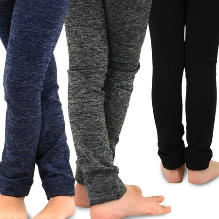 TeeHeeKids Girls Fleece Inner Brushed Leggings 3 Pack, Patterned Grey+Navy+Black, 6-8