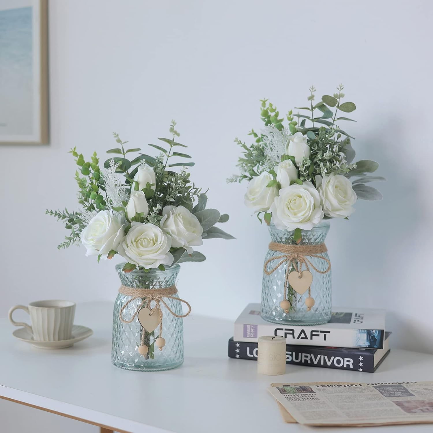 MY Faux Flowers with Vase,Artificial Silk Roses in Vase, Fake Plant Eucalyptus Flower Arrangement for Home Office Farmhouse Bathroom Dining Table Centerpiece Decorations Coffee Table Decor (White)