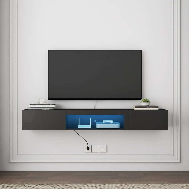 Floating Tv Stand Wall Mounted With 20 Color Leds 63 Modern Tv Stand Floating Tv Cabinet Entertainment Center For 55 60 65 Inch Tv Black Walmart