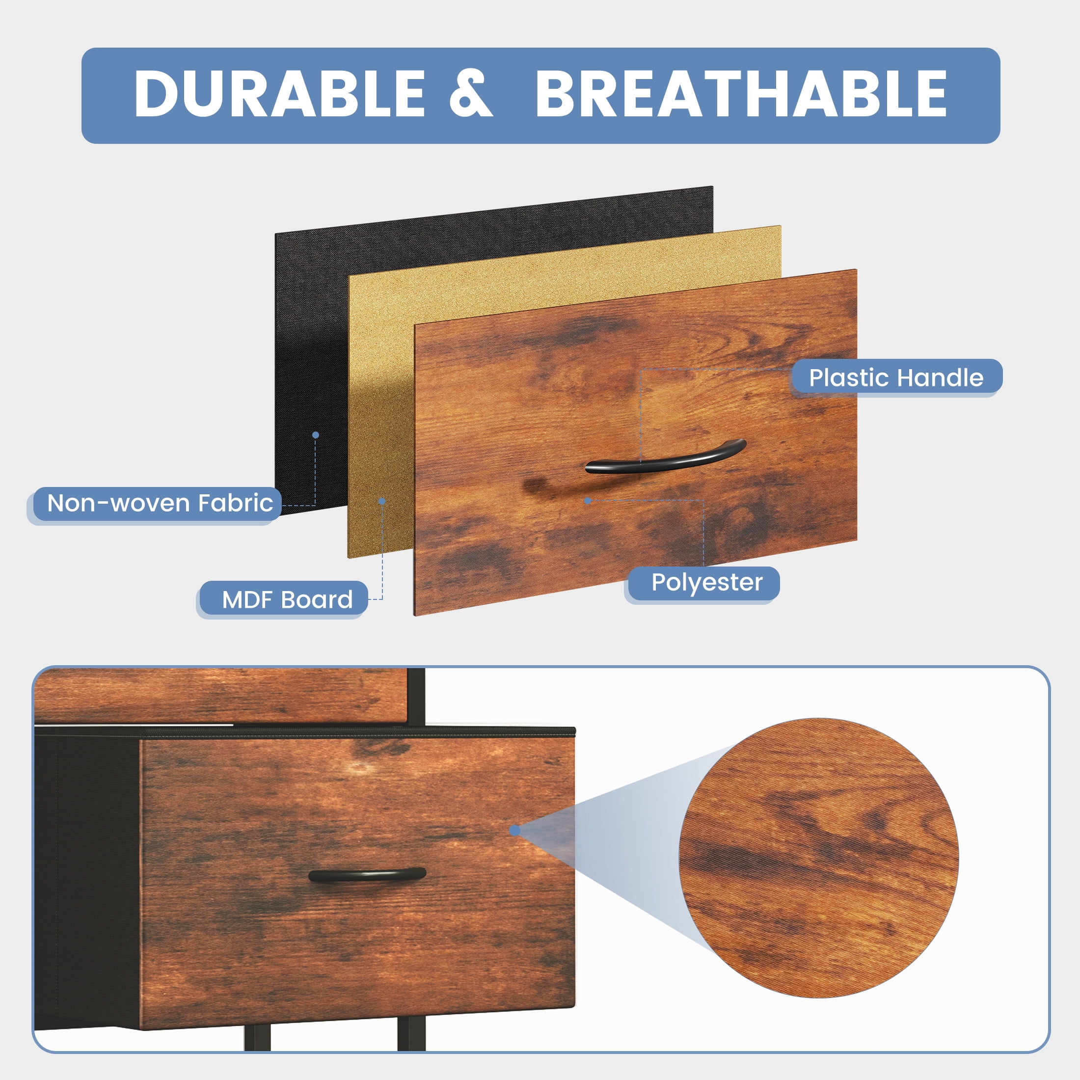 edx 5 Drawer Dresser for Bedroom, 39.4" Fabric Chest of Drawers with Wooden Top, Storage Organizer for Closet, Hallway & Living Room, Rustic Brown