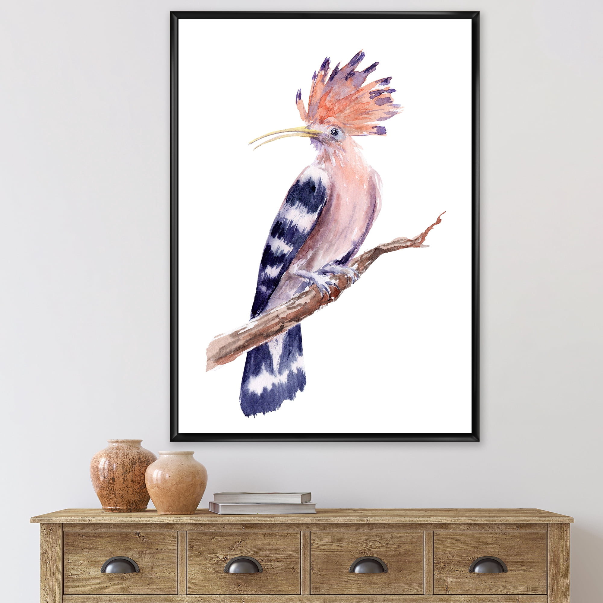 Designart 'Ancient Hoopoe Bird On A Branch' Traditional Framed Canvas Wall Art Print