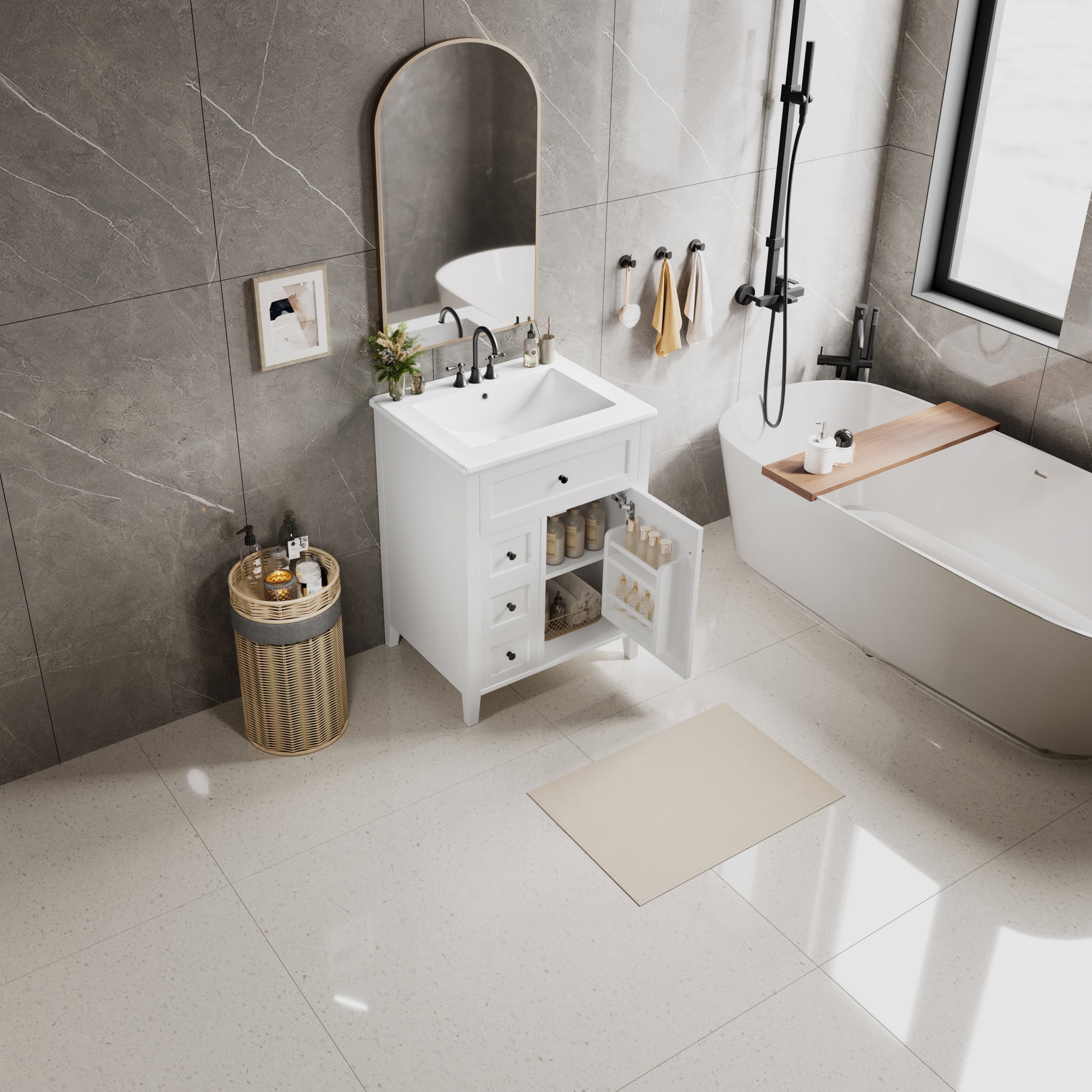 GDF Studio 24" Bathroom Vanity with Sink, 3 Drawers, Storage Cabinet, Adjustable Shelves, Modern Design, White