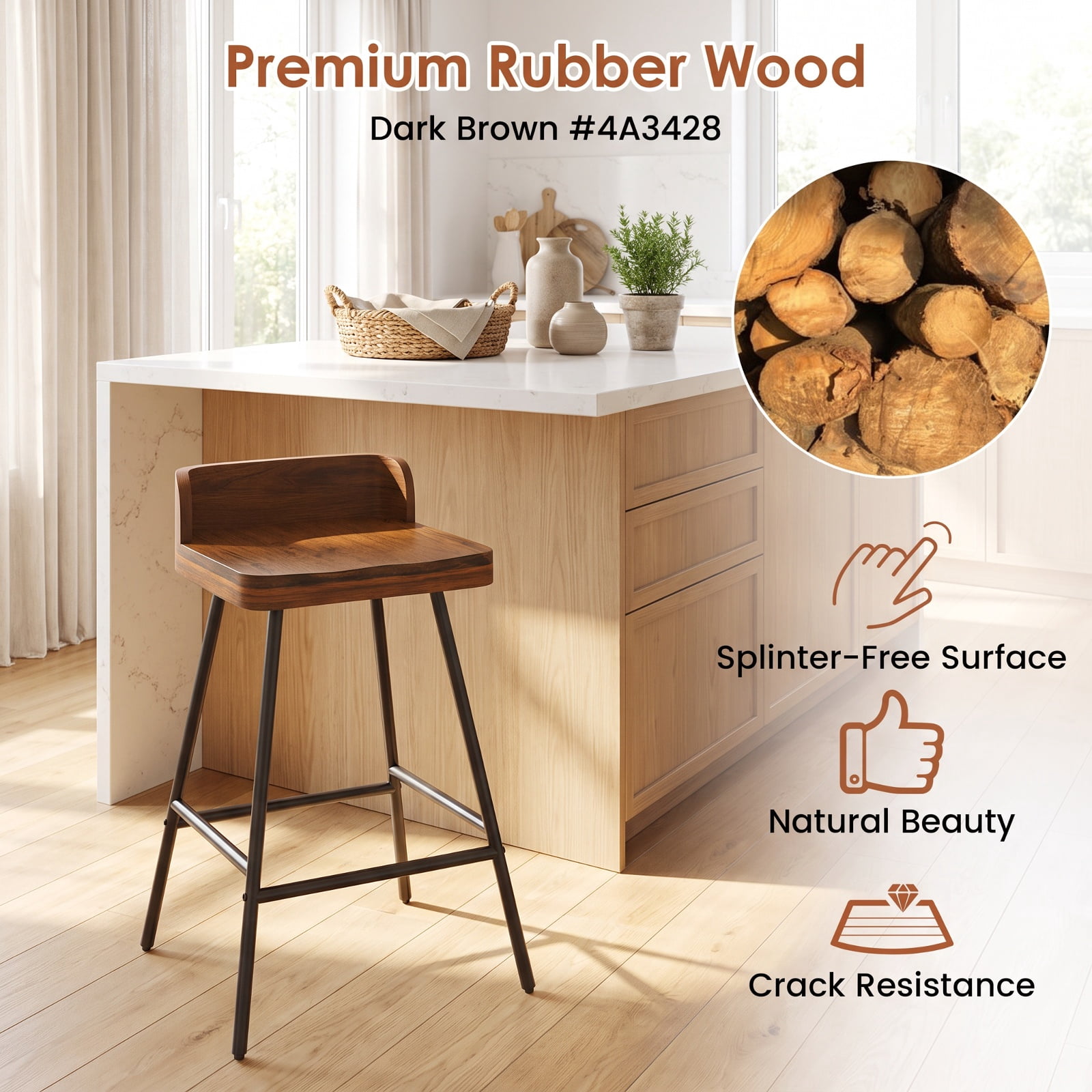 Furnibear 24" Industrial Rubber Wood Bar Stool with Low Back Metal Legs and Footrest for Kitchen Island Counter Bar Pub Dining Home, Brown