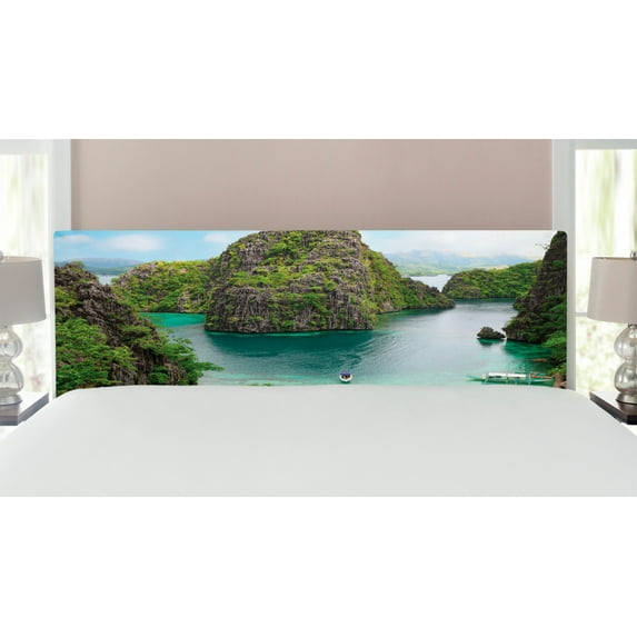 Island Headboard, Landscape of Majestic Cliff in Philippines Wild Hot Nature Resort Off Picture, Upholstered Decorative Metal Bed Headboard with Memory Foam, King Size, Green Brown Blue, by Ambesonne