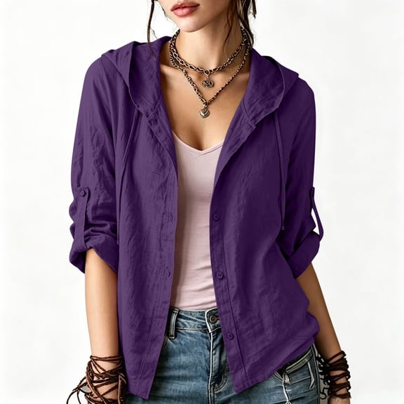 Cmfcve Gauze Hoodie Shirts for Women Sun Protection Beach Cover Ups Lightweight Long Sleeve Button Down Blouses
