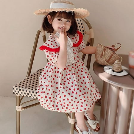 

PRAETER Girls Korean Big Lapel Polka Dot Sweet Bubble Sleeve Dress