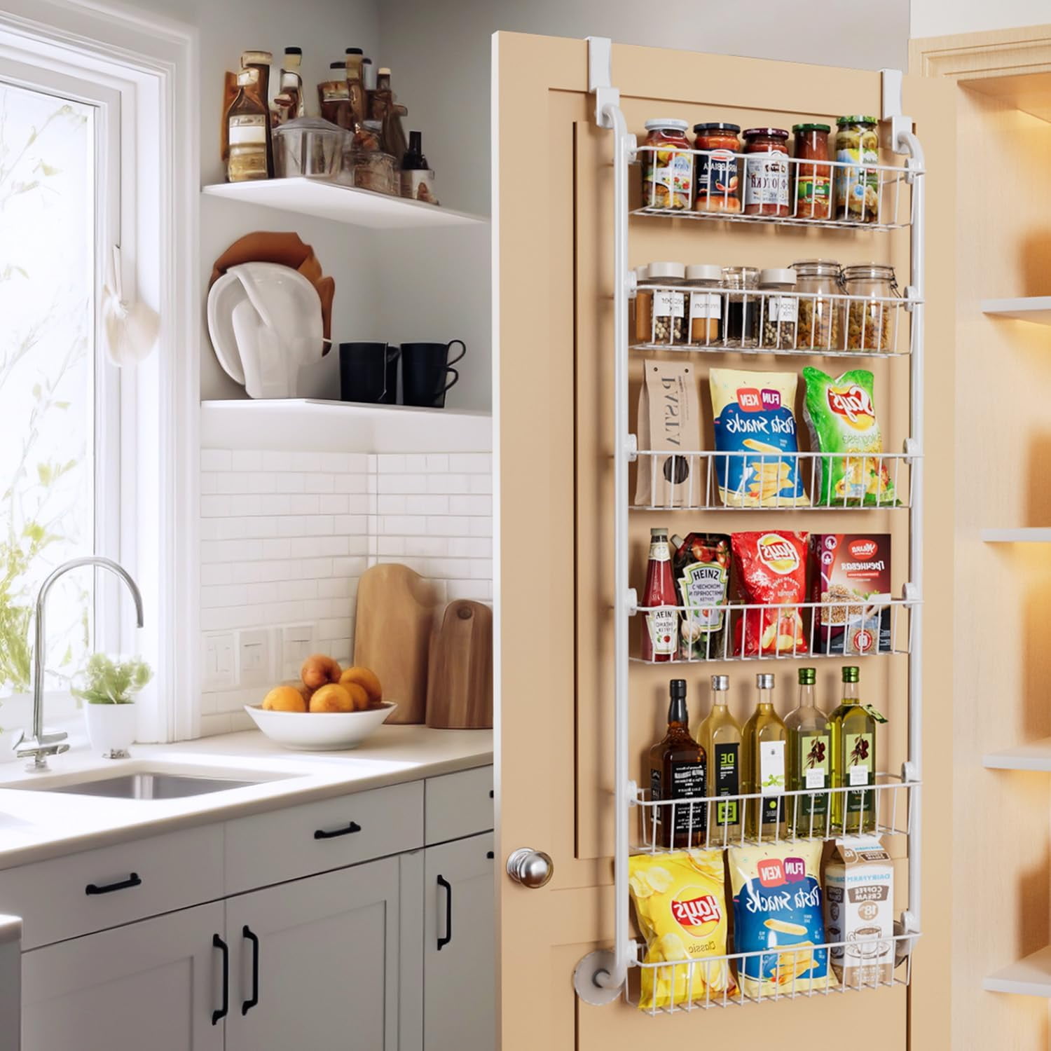 6-Tier Over the Door Pantry Organizer, Heavy-Duty Metal Pantry Door Organizer with 6 Baskets, Hanging Storage Door Organization Kitchen Door Rack, White