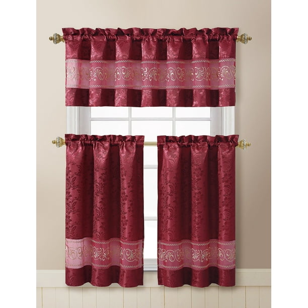 Ariel 3 Piece Embroidered Kitchen Curtain Set Burdy Tiers 28x36 Valance 56x18 Inches Com Piece Embroidered Kitchen Curtain Set, Valance Curtain Definition