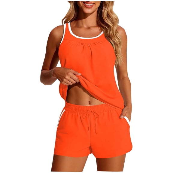 ZQGJB Women's Tankini Swimsuits Blouson Swim Tank Tops Tummy Control Beach Shorts Modest Two Piece Swim Suit with Sporty Pockets Bathing Suits with Pockets(Orange,L)