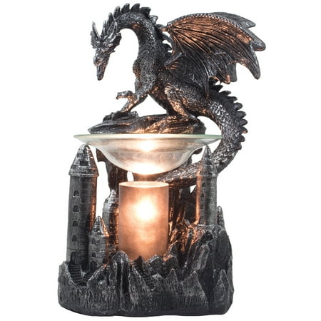 Decorative Guardian Dragon on Castle Electric Oil Warmer and Wax Tart Burner in Metallic Look for Medieval Home Decor by Home 'n