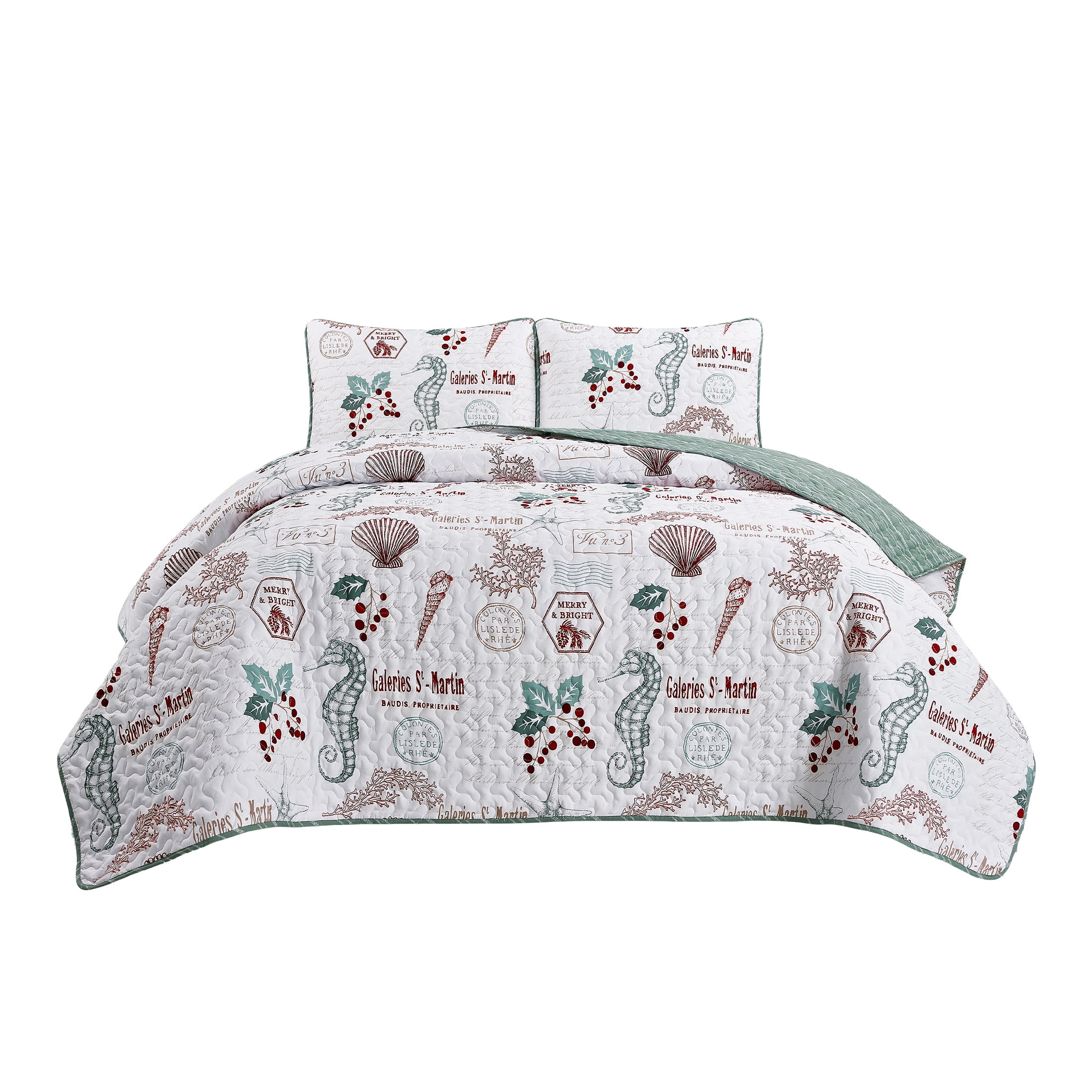 Videri Home Christmas Style Lightweight Microfiber Quilt Set, Soft & Breathable Bedspread, All Season Use, Machine Washable (Green, Full/Queen)