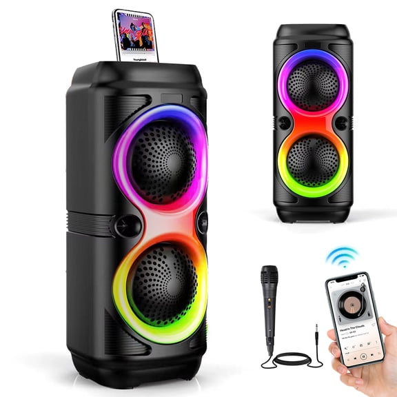 Portable Bluetooth 5.0 Speaker - Dual 4-inch Drivers HiFi Bass, 7 RGB Colors 3 Modes, Karaoke with Mic, TWS Stereo, USB/TF/FM, Built-in Handle & Phone Holder for Party/Indoor/Outdoor