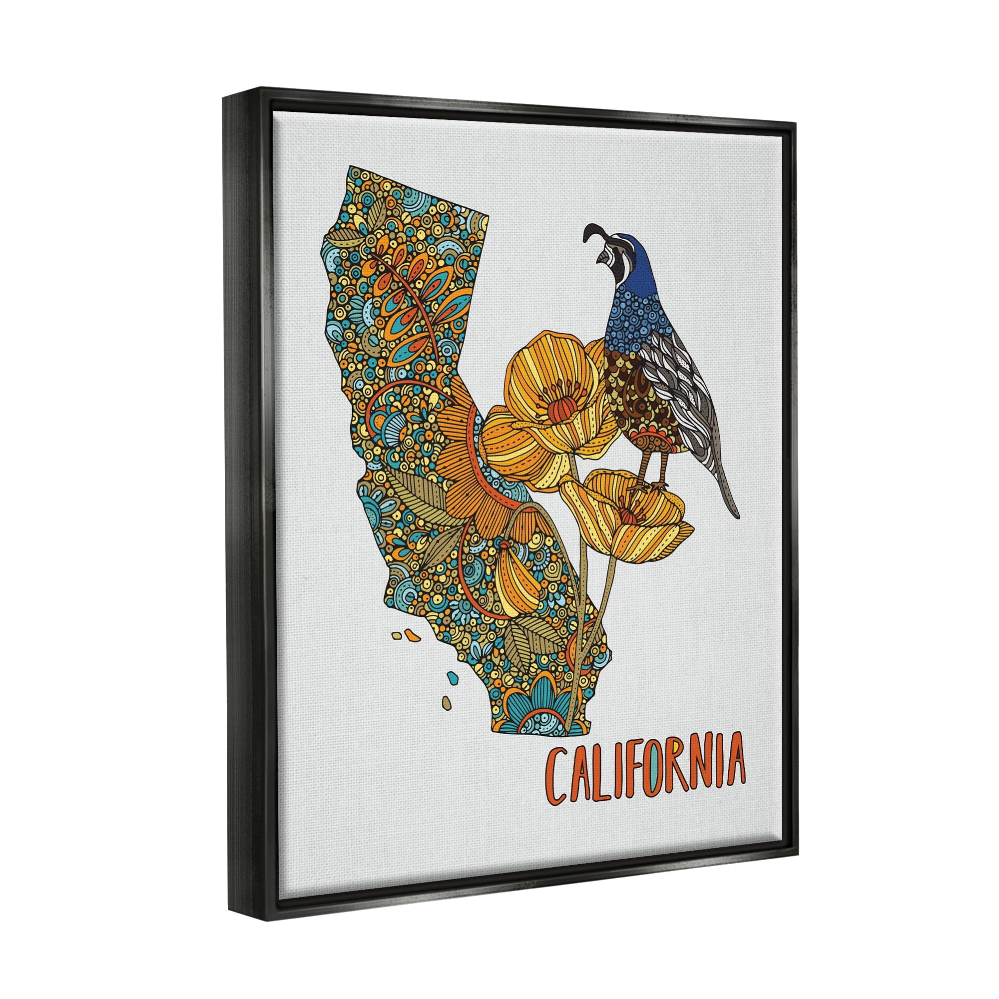 Stupell Industries California State Poppy Flowers Quail Bird Floral Details Graphic Art Jet Black Floating Framed Canvas Print Wall Art, Design by Valentina Harper