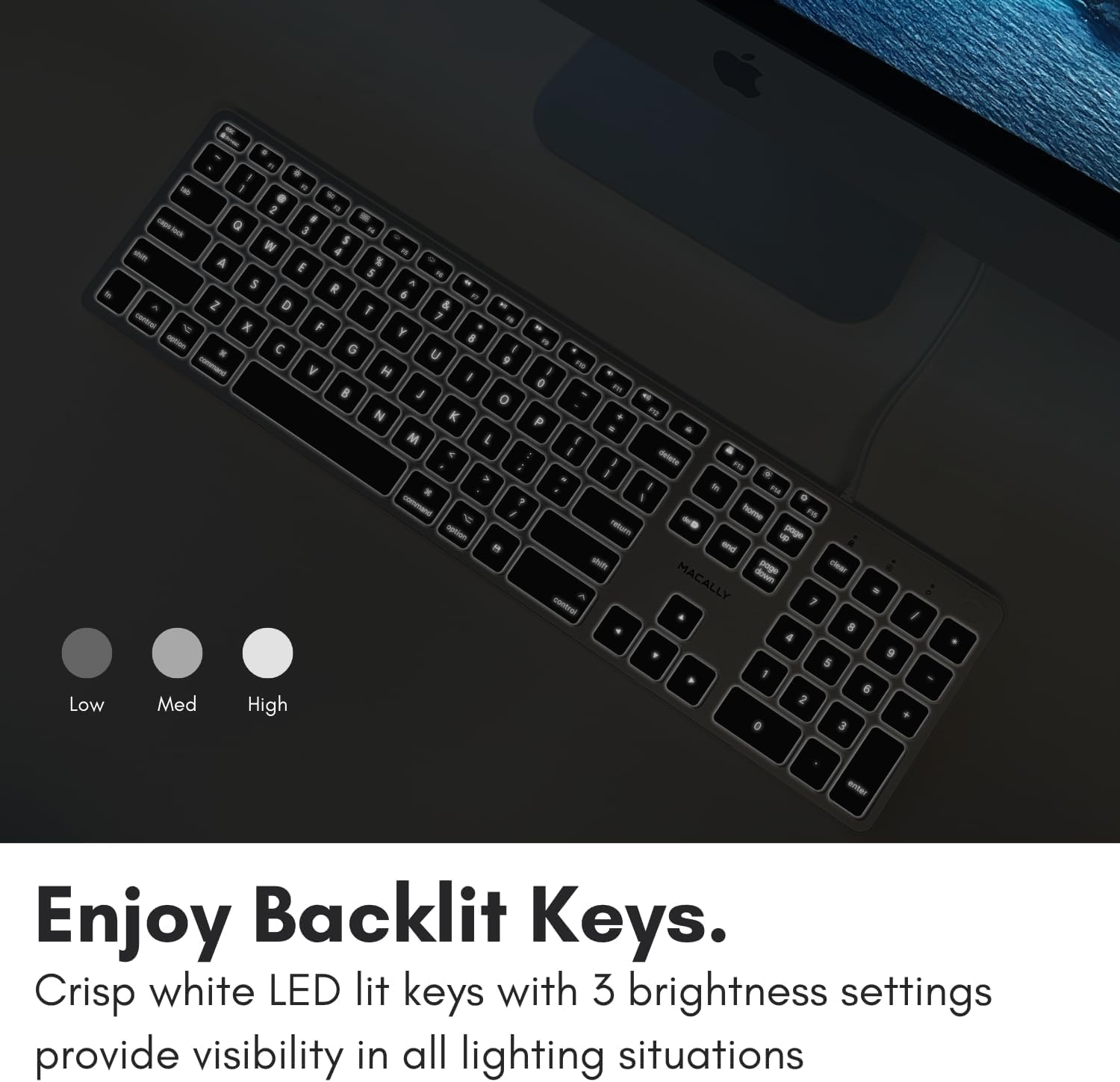 Macally Backlit Wired Keyboard for Mac | Compatible Apple Keyboard with Numeric Keypad | Comfortable All Day Typing, Compatible on Macbook Pro / Air, iMac, Mac Mini / Pro - Silver