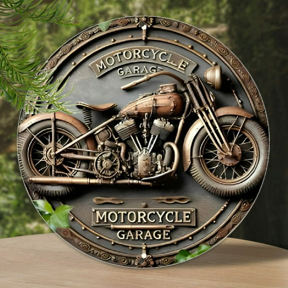 [2D Flat] Vintage Motorcycle Garage Round Aluminum Sign - 2D Flat Retro Metal Wall Decor, 7.8x7.8 inch, Bronze-Colored Motorcycle Artwork with Ornate Border, Perfect for Home, Garage, Cafe