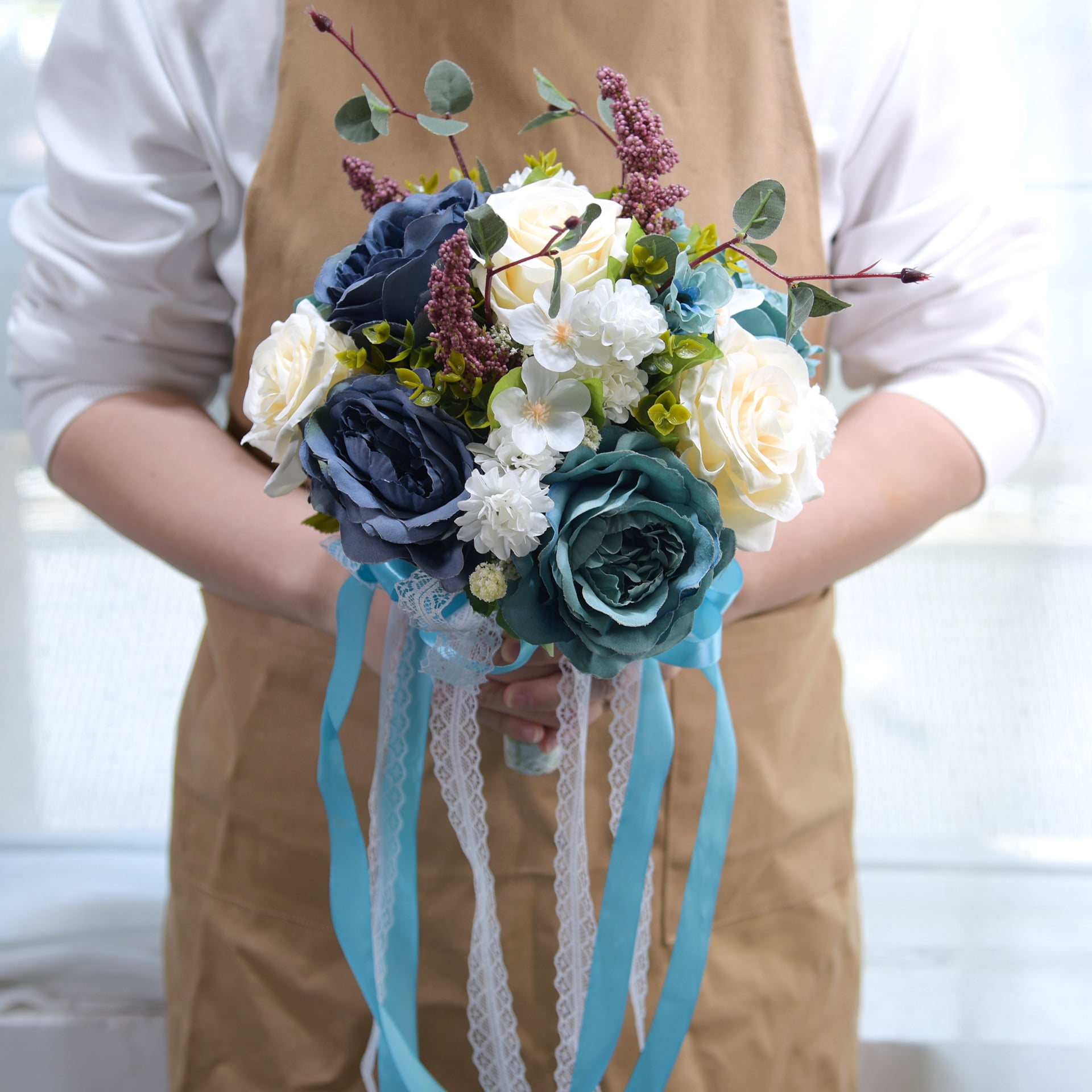 Zhuge Artificial Flowers Wedding Bouquets for Bridesmaid Bridal Bouquet for Wedding Ceremony Anniversary, Rustic Wedding Bouquet(Blue)