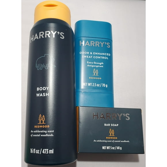 Harry's Redwood Body Wash, Extra Strength Sweat Control Antiperspirant, and Bar Soap Combo Kit