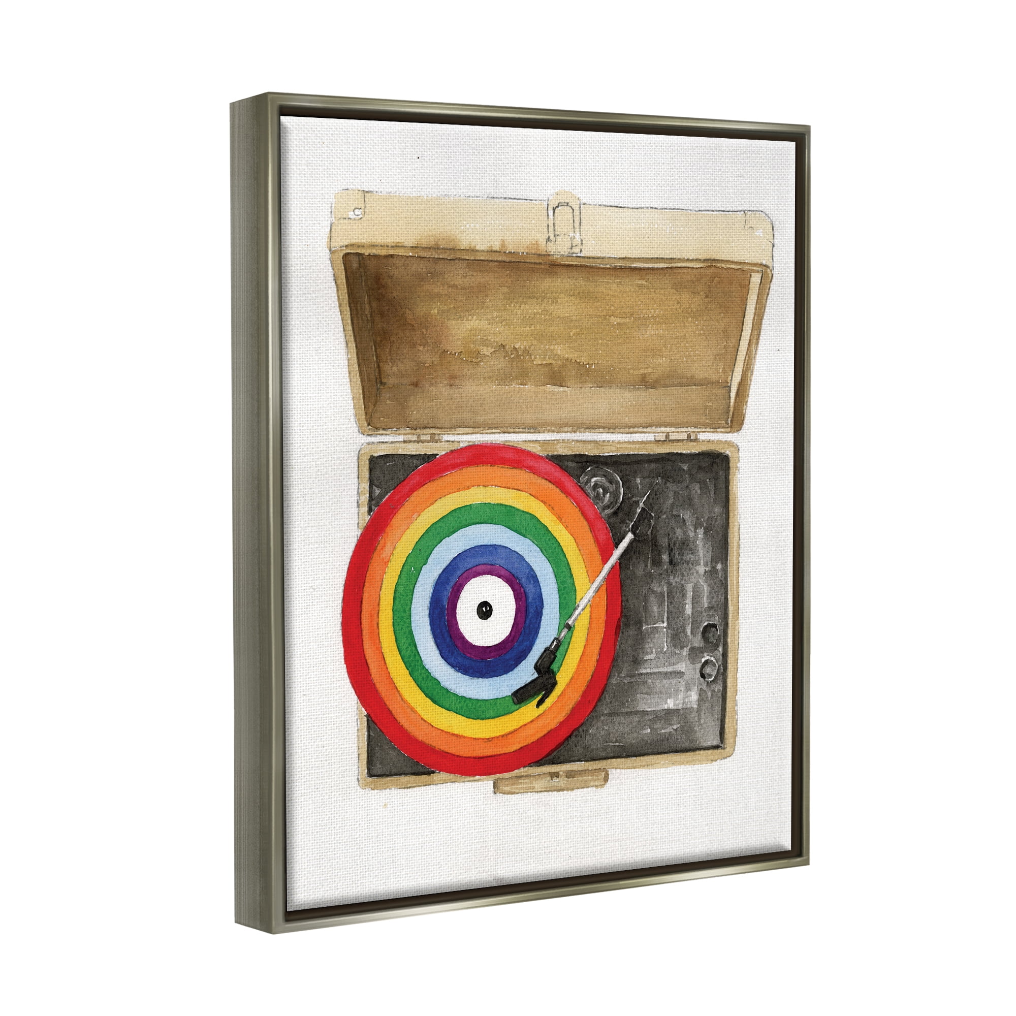 Stupell Industries Rainbow Record Player Performing Arts Painting Gray Floater Framed Canvas Art Print Wall Art, 17 x 21