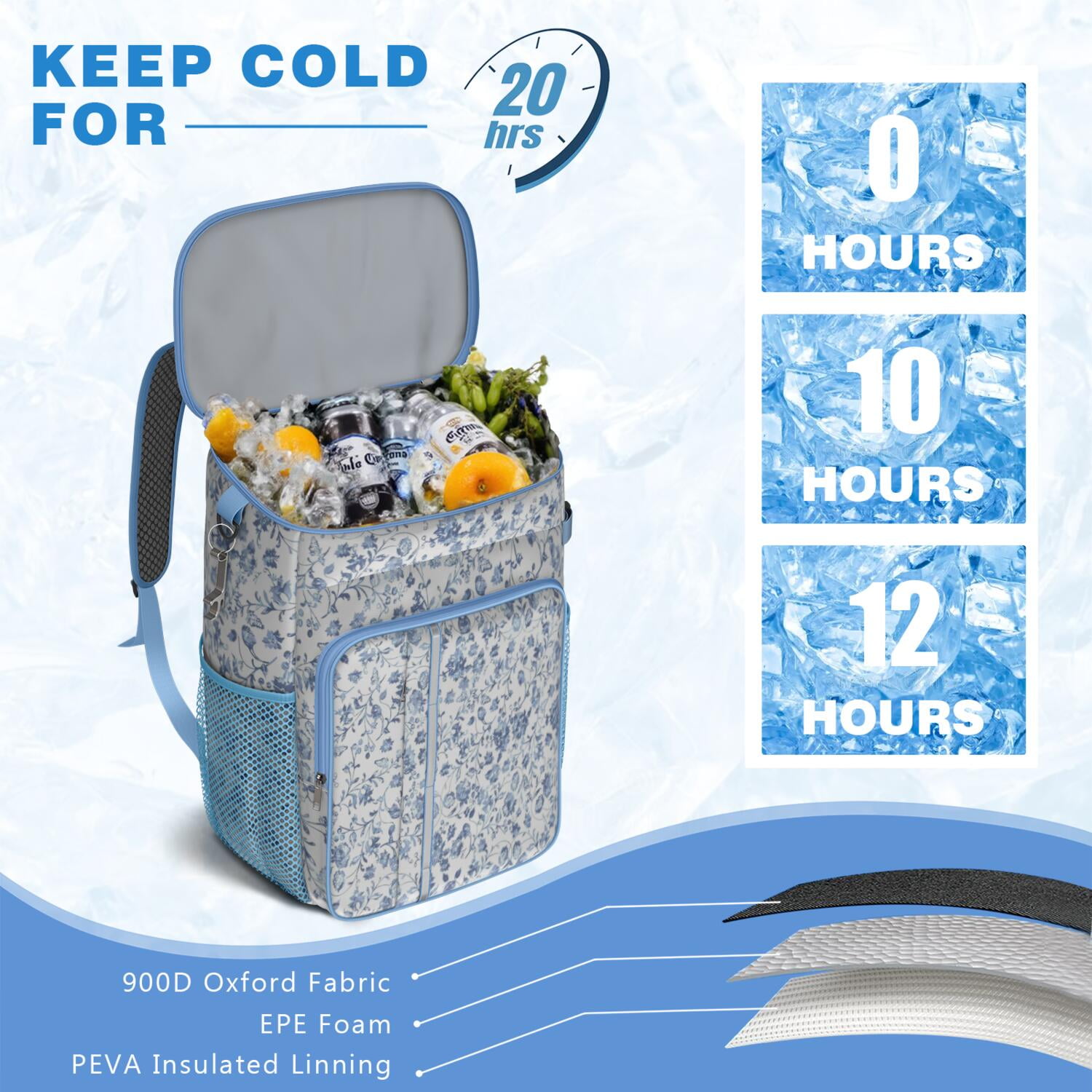 Travel Cooler Bag - Pioneer Flower Floral Print Pattern Camping Beer Cooler Backpack with Bottle Opener- Waterproof Insulated Picnic Backpacks - Cooler Bag for Beach