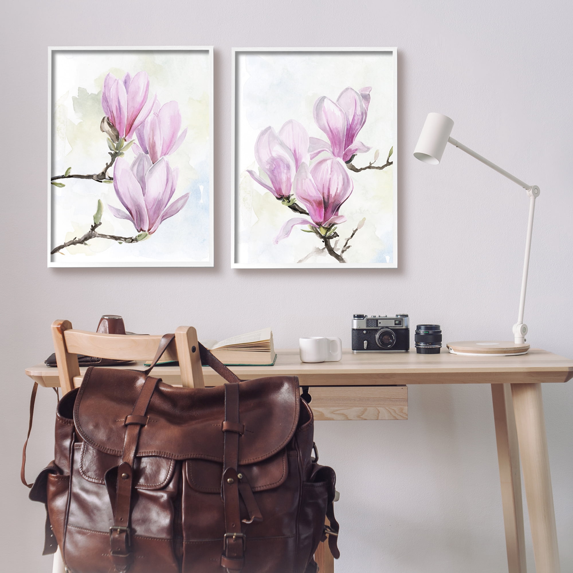 Stupell Pink Magnolia Flower Blossoms Botanical & Floral Painting White Framed Art Print Wall Art, Set of 2