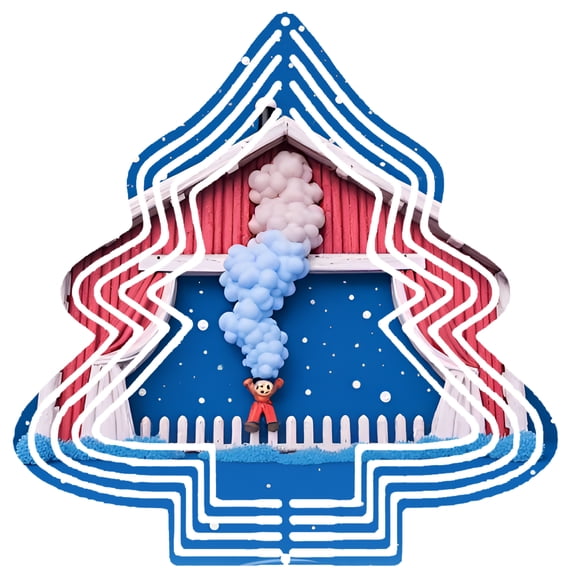 Whimsical Metal Hanging Christmas Tree Wind Spinner - Blue & White Lines Red House with Chimney Perfect for Garden Decor