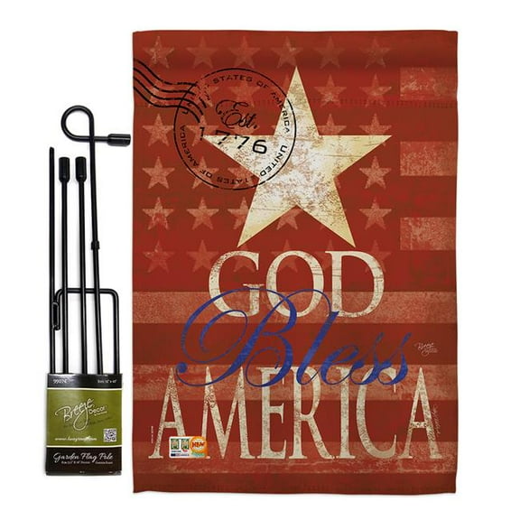 Breeze Decor BD-PA-GS-111053-IP-BO-D-US12-SB 13 x 18.5 in. God Bless America Americana Patriotic Vertical Double Sided Mini Garden Flag Set with Banner Pole