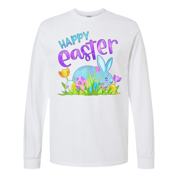 Inktastic Happy Easter Blue Bunny and Eggs in Grass Long Sleeve T-Shirt