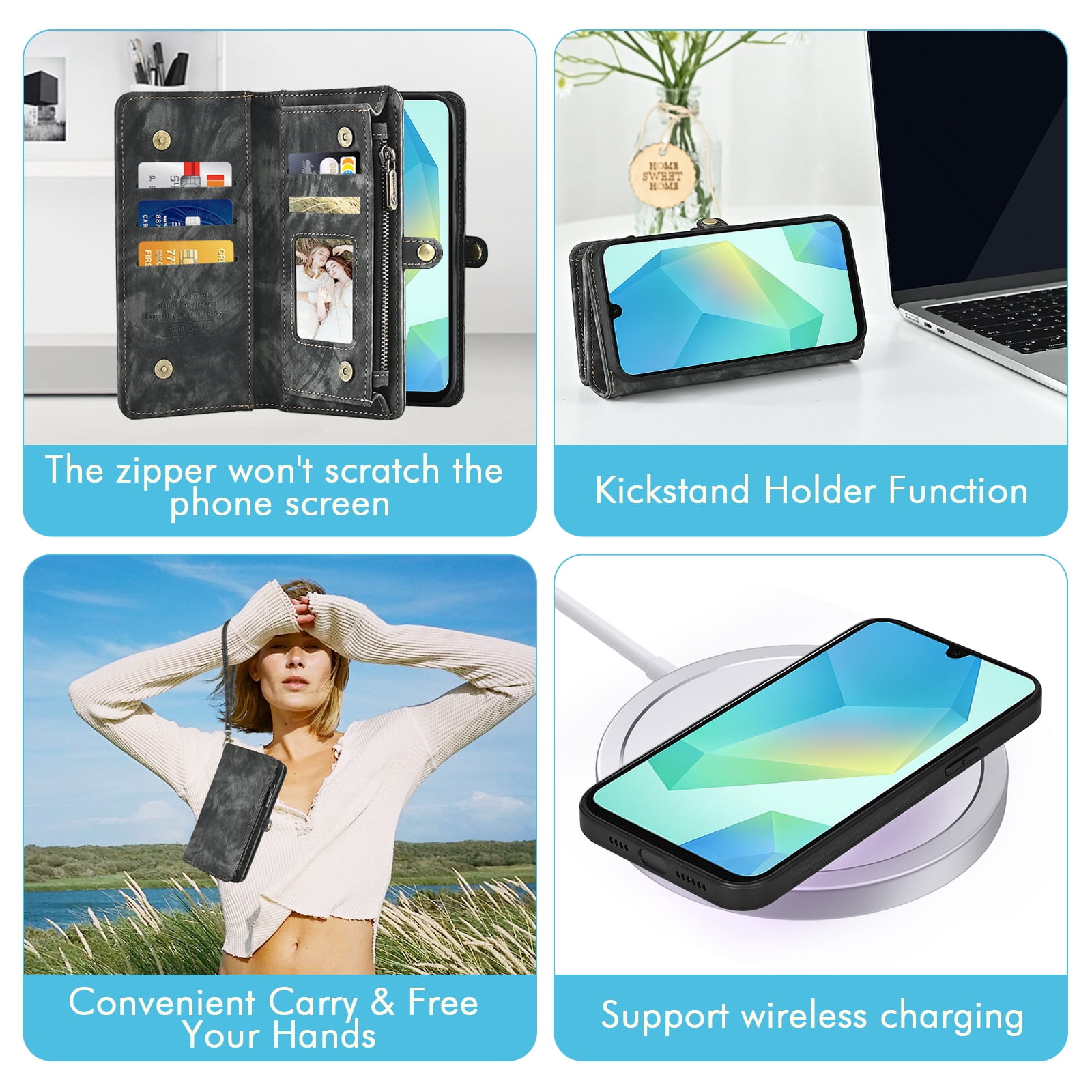 Asuwish Phone Case for Samsung Galaxy A16 5G/4G Zipper Wallet Detachable Cell Cover with Tempered Glass Screen Protector Crossbody Lanyard Strap Flip Card Holder A 16 16A SM-A166U Women Girls Black