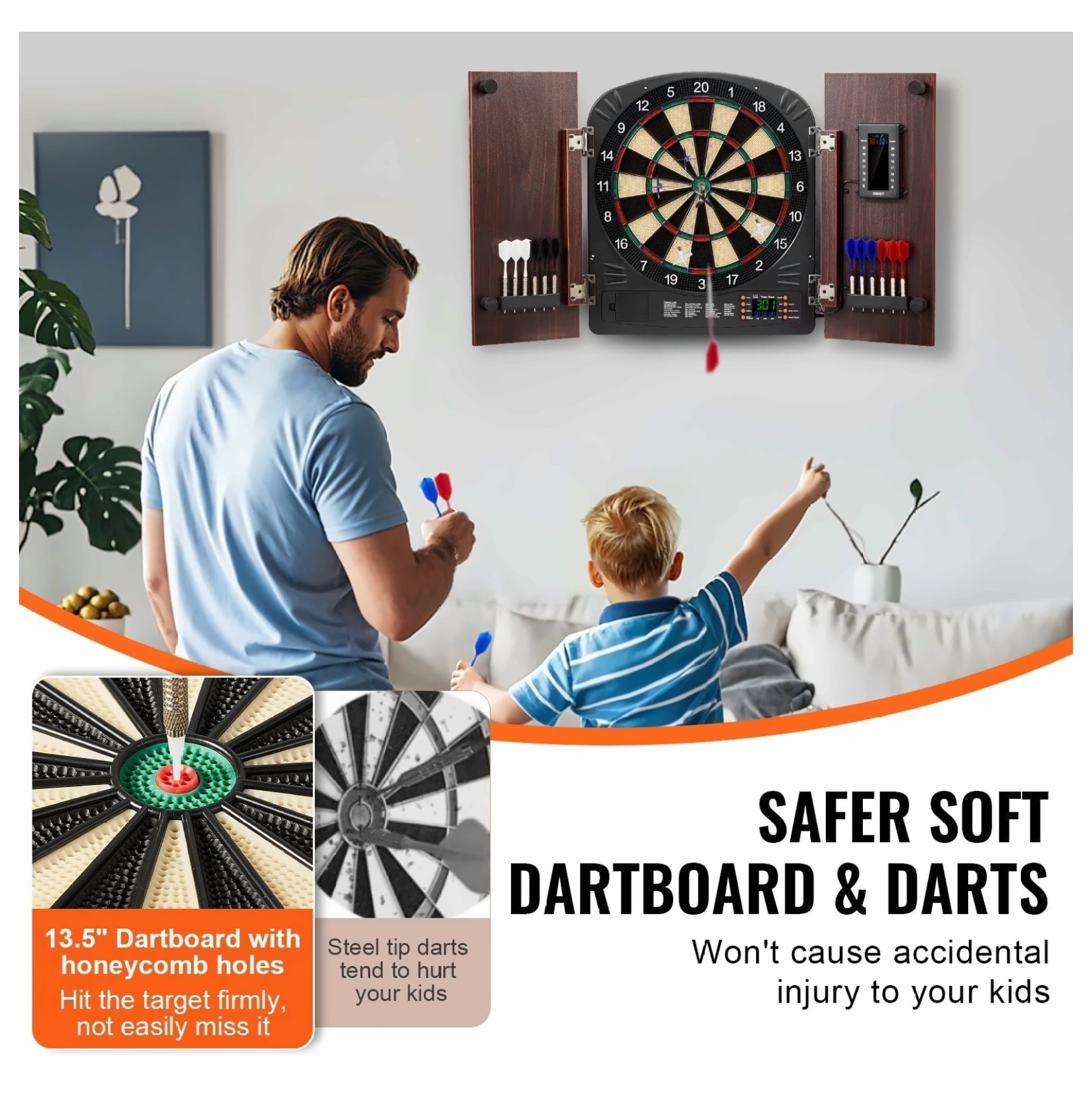 Dartboard Cabinet Set with LED Scoring - Soft Tip Darts, 40 Games, Family Fun
