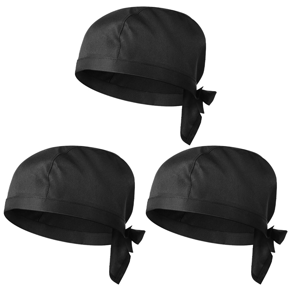 3 PCS Unisex Chef Tie Back Cap Pro Skull Cap Catering Chef Bandana Hat 
