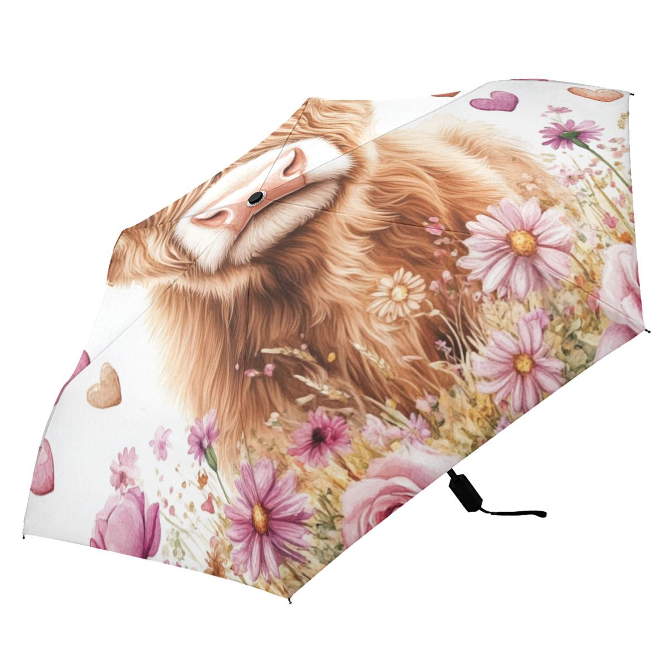 Highland Cow Roses Hearts Valentine All Weather Umbrella Triple Folding Parasol 6 Ribs UV Protection Portable