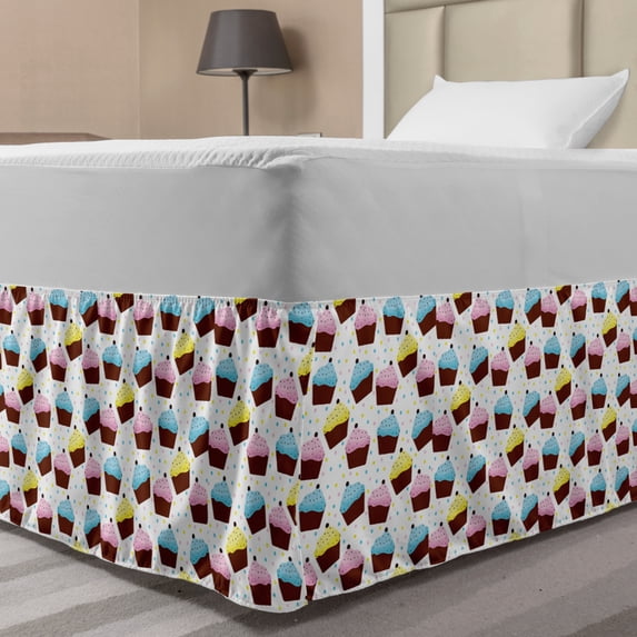 Cupcake Bed Skirt, Celebration Cakes on Polka Dots with Various Flavored Toppings and Pinky Icing, Elastic Bedskirt Dust Ruffle Wrap Around for Bedding Decor, 4 Sizes, Multicolor, by Ambesonne