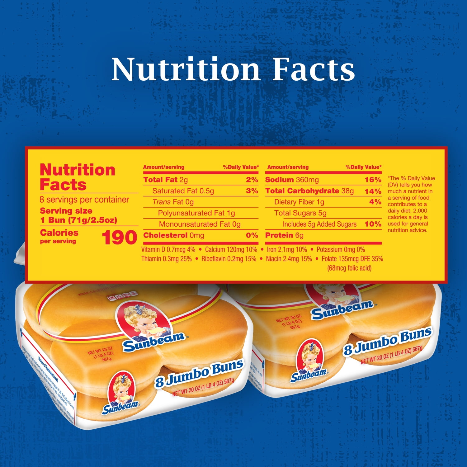 Sunbeam Jumbo Hamburger Buns, Enriched White Bread Burger Buns, 8 Count, Shelf-Stable