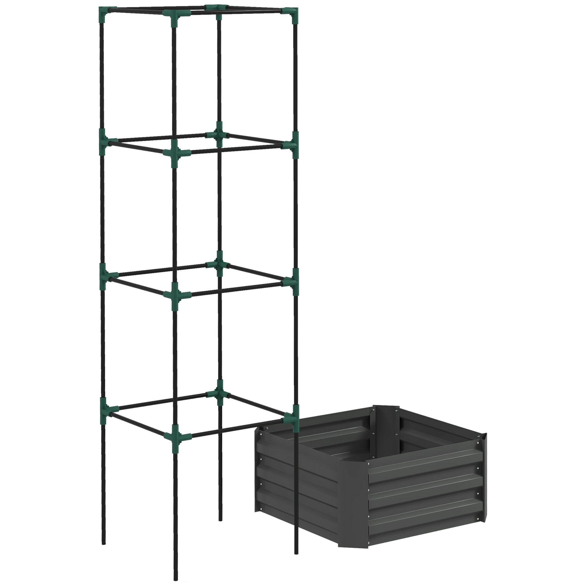 Galvanized Raised Garden Bed, Outdoor Planter Box with Trellis Tomato Cage and Open Bottom for Climbing Vines, Vegetables, Flowers in Backyard, Garden, Patio, Gray 24" x 24" x 11.75"