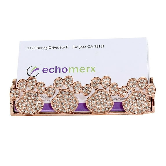Paw Print Business Card Holder Animal Lover Gift Desktop Organizer Crystals Rose Gold