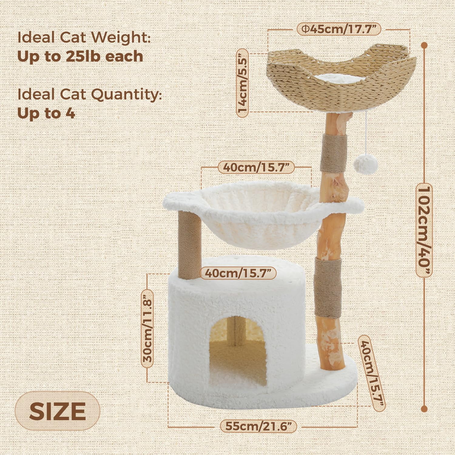 Natural Wood Cat Tree with Wicker Basket and Hammock, 40 Inch Tall Cat Tower with Cozy Condo, Scratching Posts for Indoor Cats, Beige