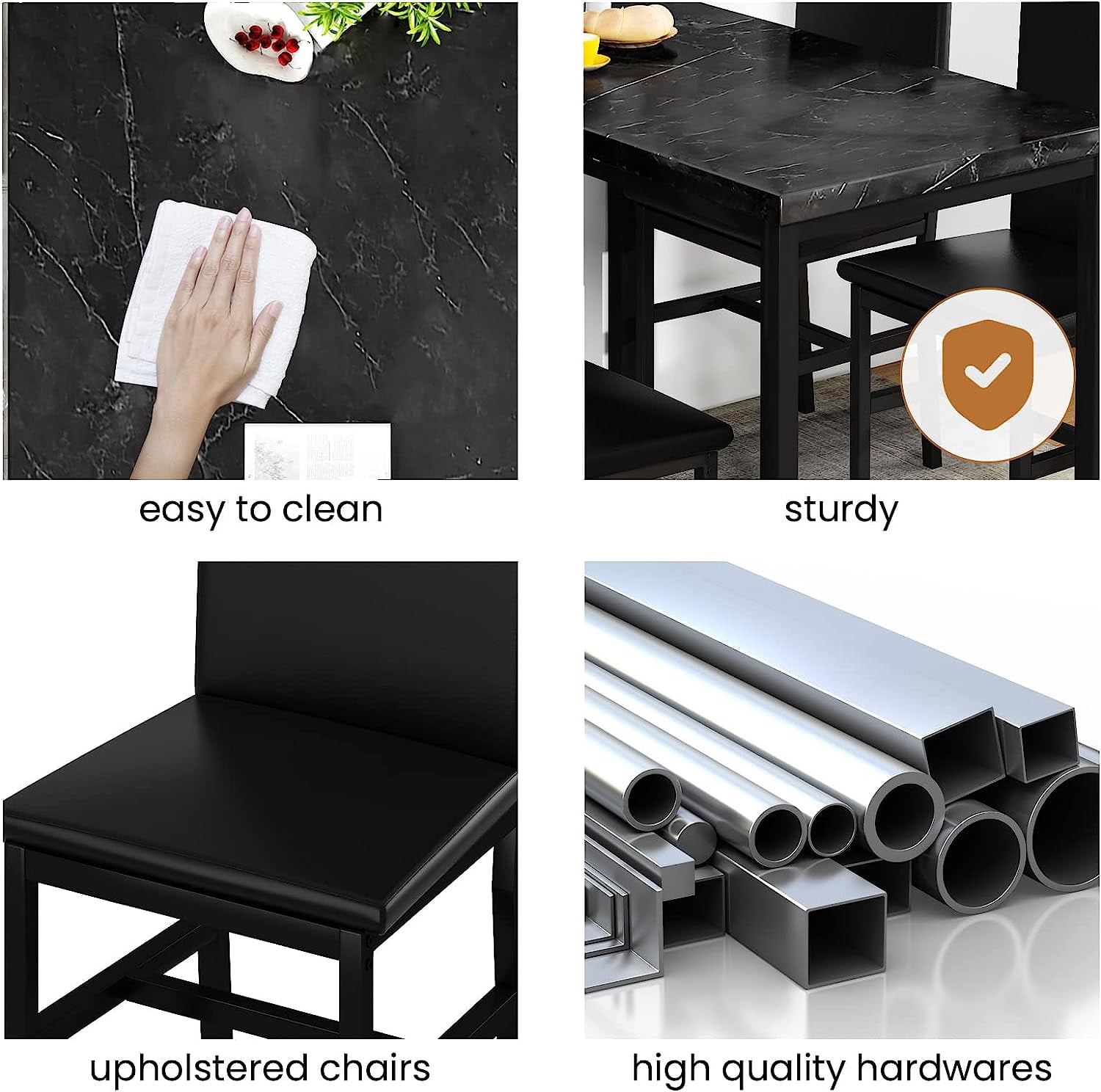 4-person dining table set, modern artificial marble dining table set, kitchen table and chair set of 4 pieces, with 4 PU leather chairs, suitable for small spaces, apartments, restaurants, black