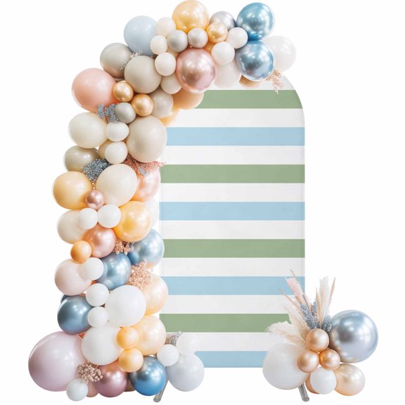 Sage Green Blue Striped Arch Backdrop Cover, Spandex Fitted Wedding Arch Cover, Farmhouse Sage Green Stripes Round Top Stand Covers for Birthday Ceremony Bridal Shower Party Decor 6x2.6 Ft